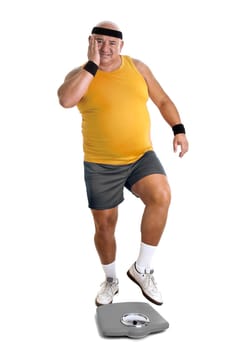 Large fitness man with weight scale isolated in white