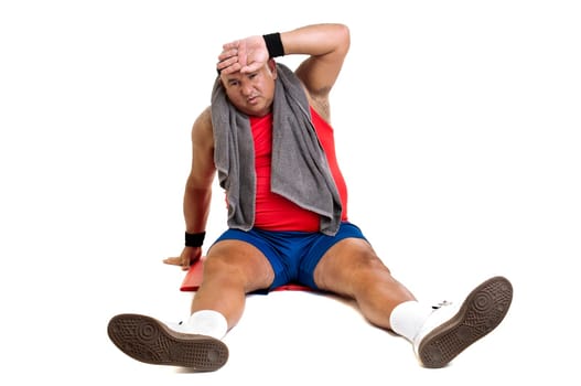 Large fitness man working out isolated in white