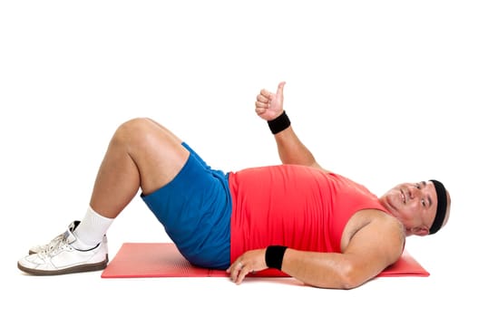 Large fitness man working out isolated in white