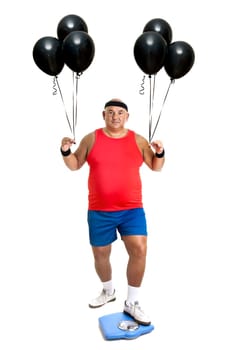 Large fitness man with weight scale and balloons isolated in white