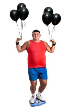 Large fitness man with weight scale and balloons isolated in white