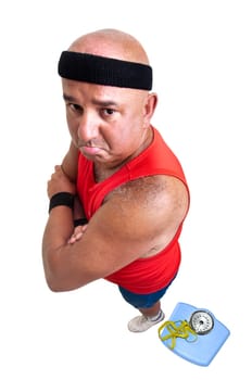 Large fitness man with weight scale isolated in white