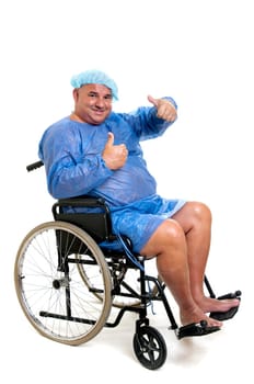 Happy large patient in a wheelchair