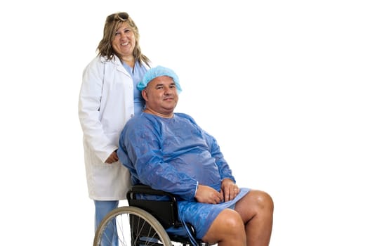 Large male patient in a wheelchair with doctor