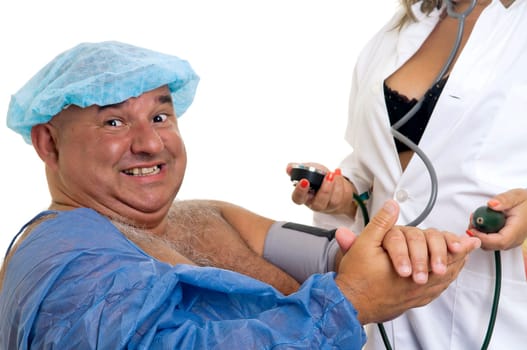 Large happy male patient with sexy doctor