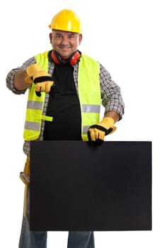 Plump construction worker with black board isolated in white