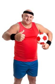 Large man with soccer ball isolated in white