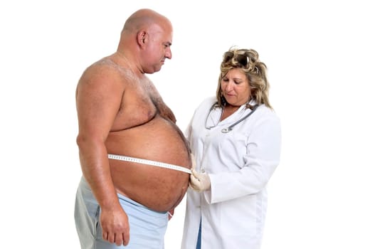 Large male patient with big belly and doctor