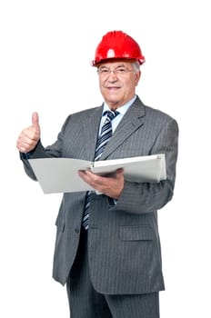 Senior engineer with helmet and file isolated in white