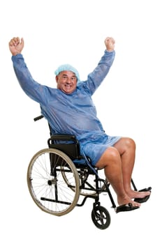 Happy large patient in a wheelchair