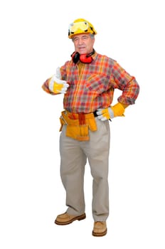 Mature construction worker isolated in white