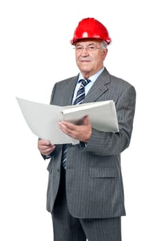Senior engineer with helmet and file isolated in white