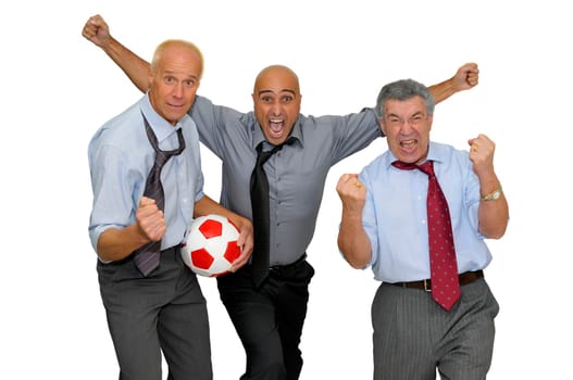 Businessmen playing soccer isolated in white