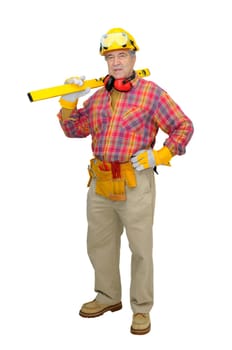 Mature construction worker isolated in white