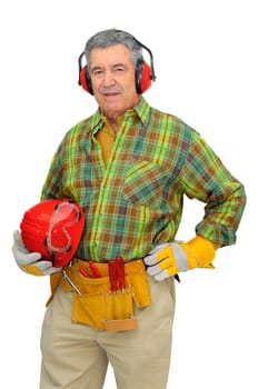 Mature construction worker isolated in white