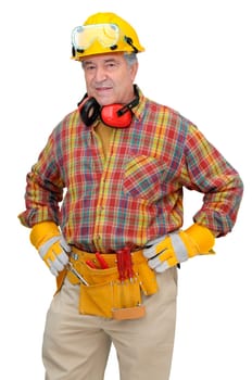 Mature construction worker isolated in white