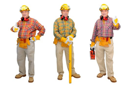 Mature construction worker in several positions isolated in white