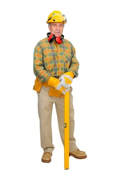 Mature construction worker isolated in white