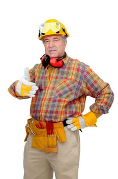 Mature construction worker isolated in white