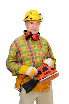 Mature construction worker isolated in white