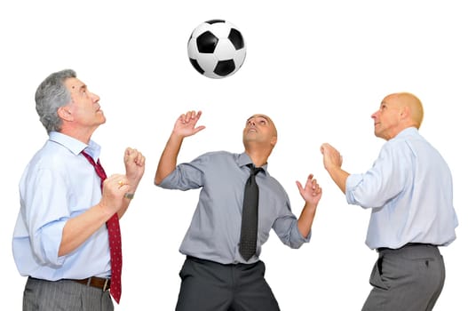 Businessmen playing soccer isolated in white