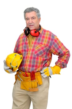 Mature construction worker isolated in white
