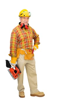 Mature construction worker isolated in white