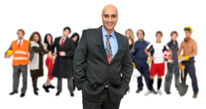 Businessman with crowd or group of different people isolated in white