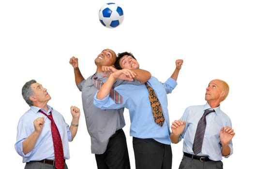 Businessmen playing soccer isolated in white