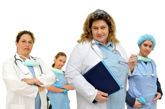 Female doctors team isolated in white