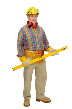Mature construction worker isolated in white