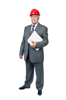 Senior engineer with helmet and file isolated in white