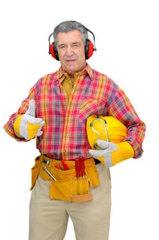 Mature construction worker isolated in white