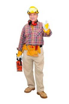 Mature construction worker isolated in white