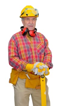 Mature construction worker isolated in white