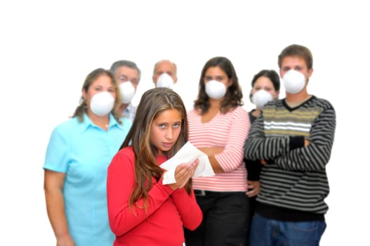 Big group of people with masks and one isolated sick child with the flu