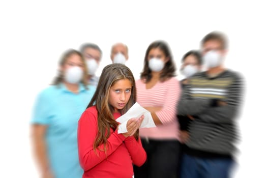 Big group of people with masks and one isolated sick child with the flu