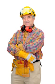 Mature construction worker isolated in white