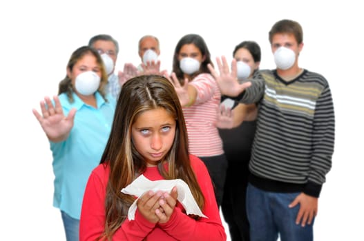 Big group of people with masks and one isolated sick child with the flu