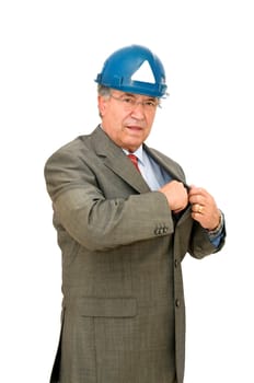 Mature engineer with hat isolated in white