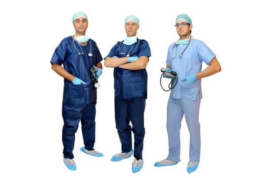 Doctors team in uniform isolated in white