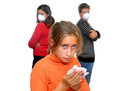 Group of children with masks against the flu and one already sick