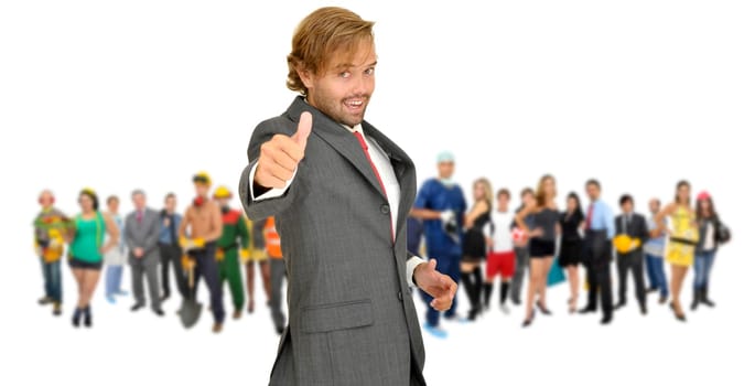 Businessman with crowd or group of different people isolated in white