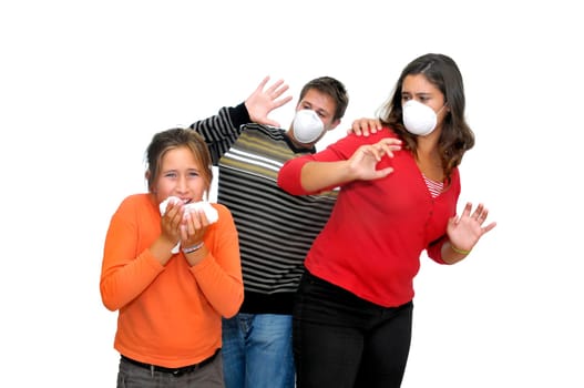 Group of children with masks against the flu and one already sick