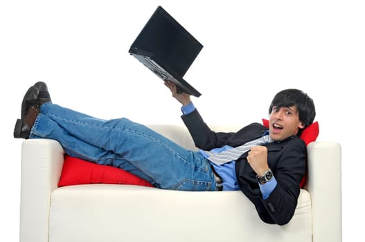 Business man with laptop isolated in white