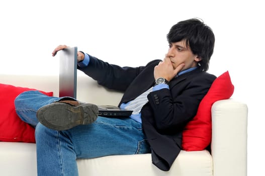 Business man with laptop isolated in white