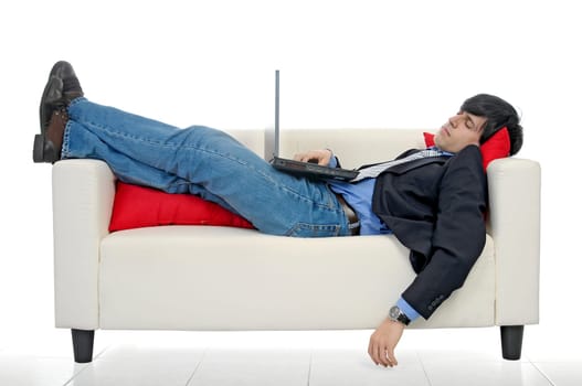 Business man with laptop isolated in white