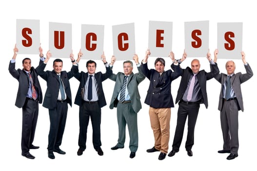 Group of businessmen with cards isolated in white