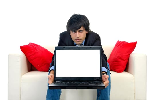 Business man with laptop isolated in white
