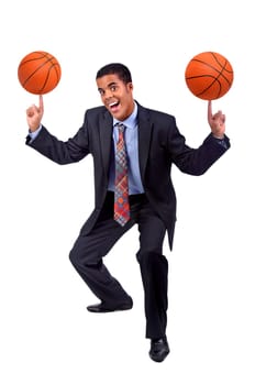Businessman playing basket isolated in white